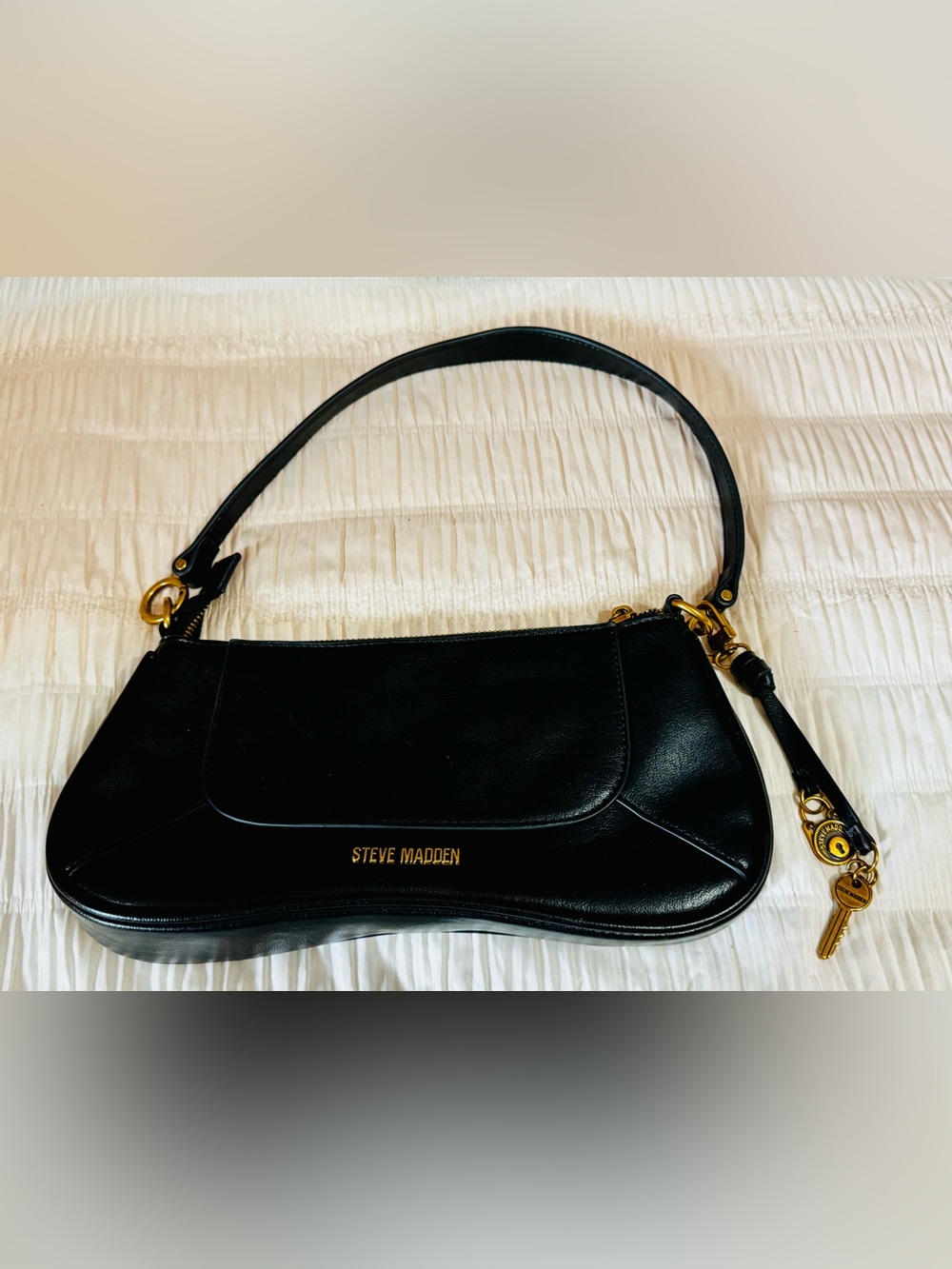 Steve Madden Black Faux Leather Shoulder Bag with Gold Hardware